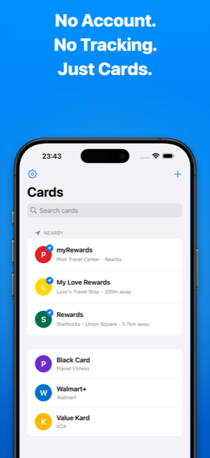 Beleep card list showing nearby loyalty cards