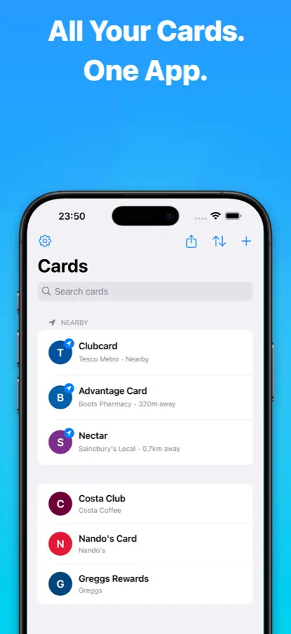 Beleep card list showing nearby loyalty cards
